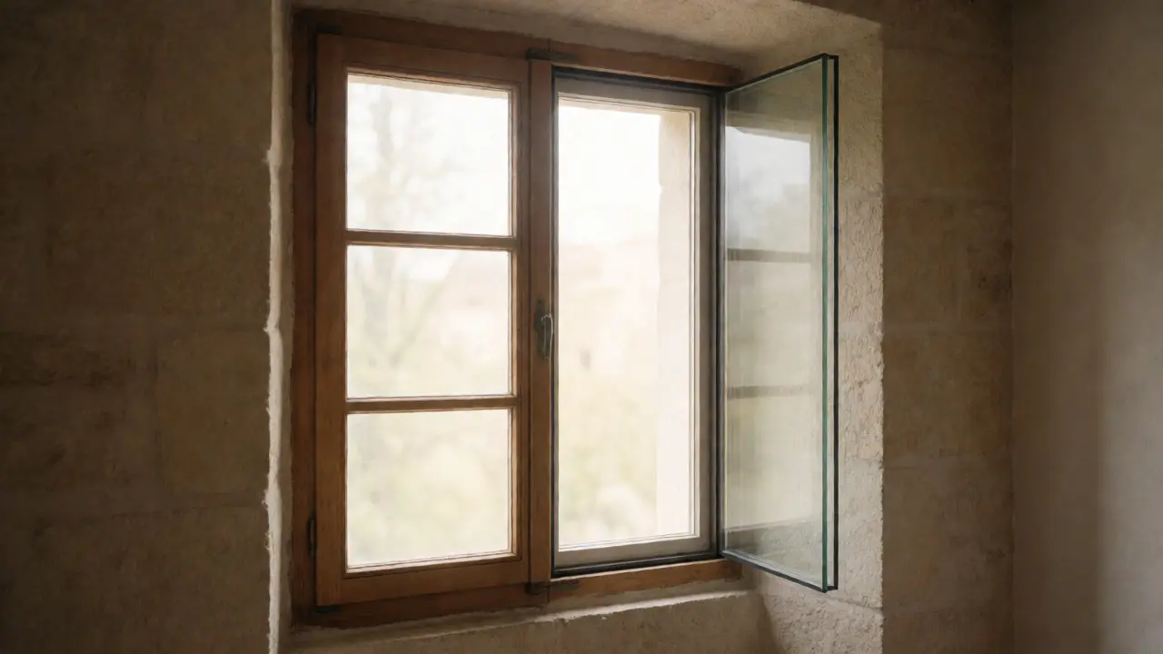 Querschnitt eines sanierten Denkmalfensters mit moderner Isolierverglasung im historischen Rahmen.