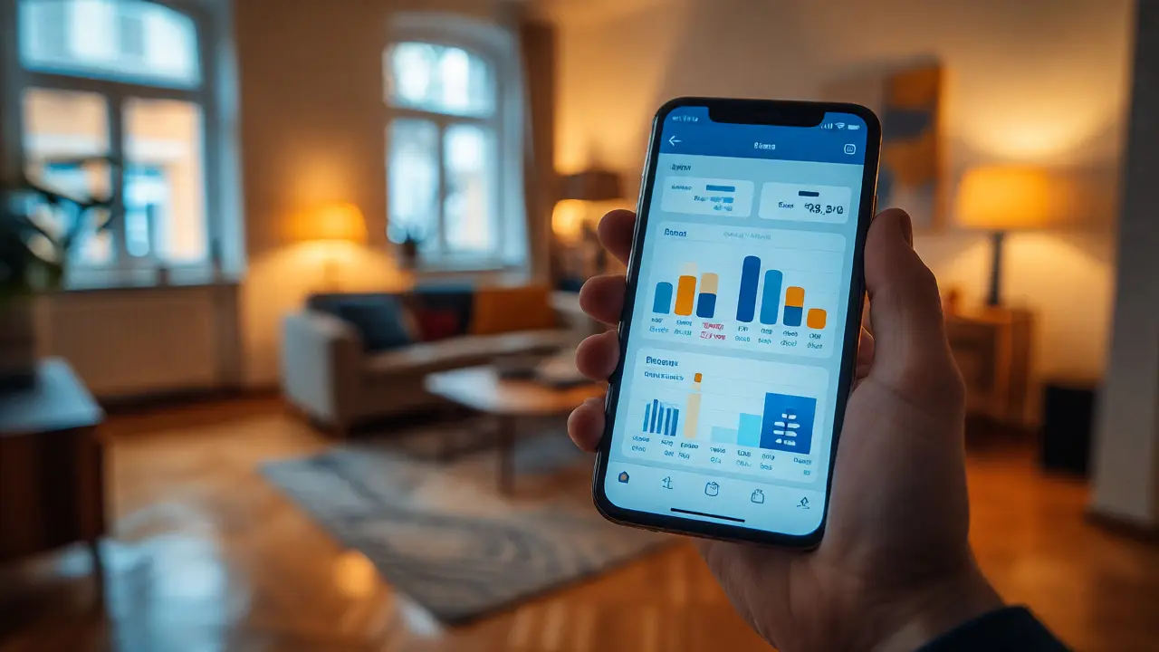 Smartphone mit Mietpreis-App in moderner Wohnung