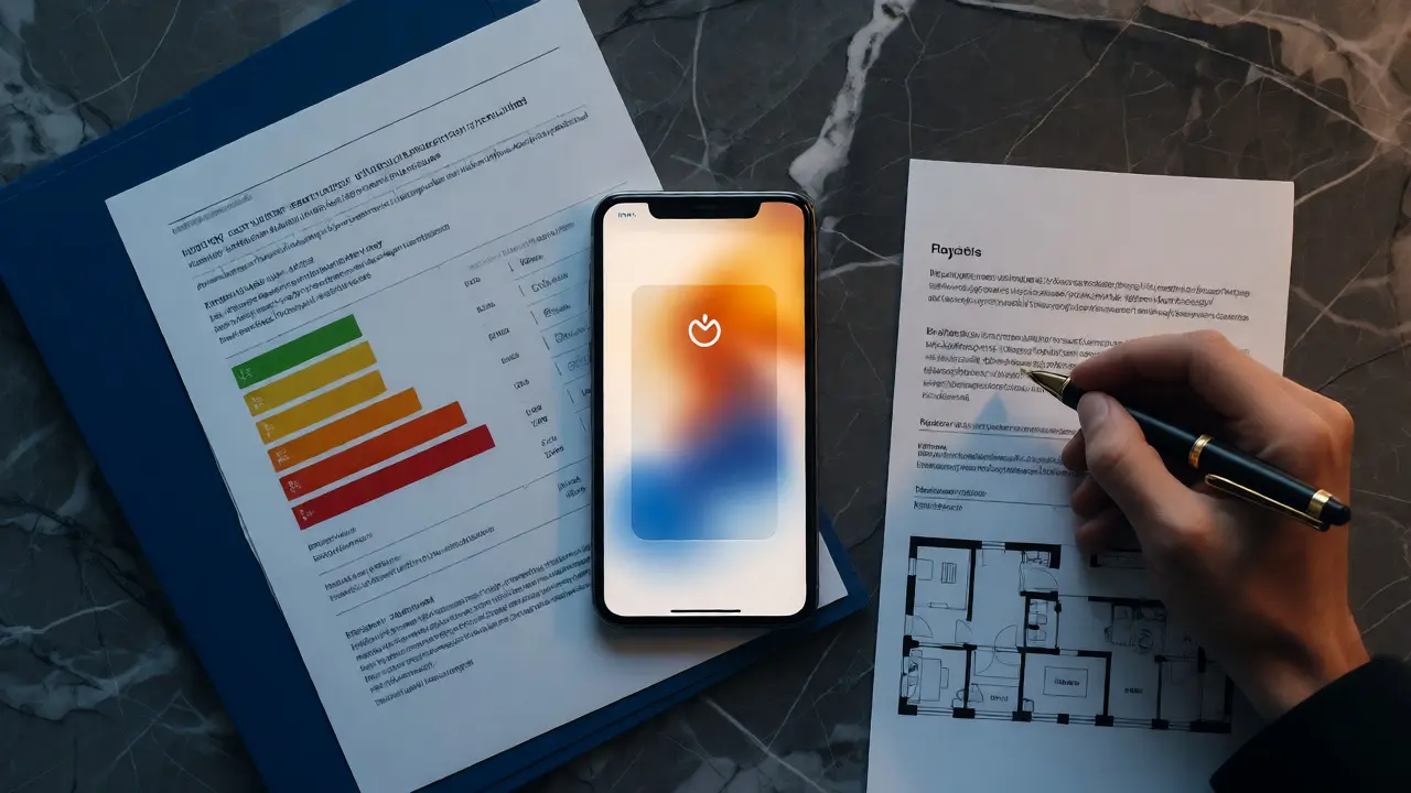 Smartphone mit Upload-Portal neben Energieausweis und Versicherungsordner auf Marmor