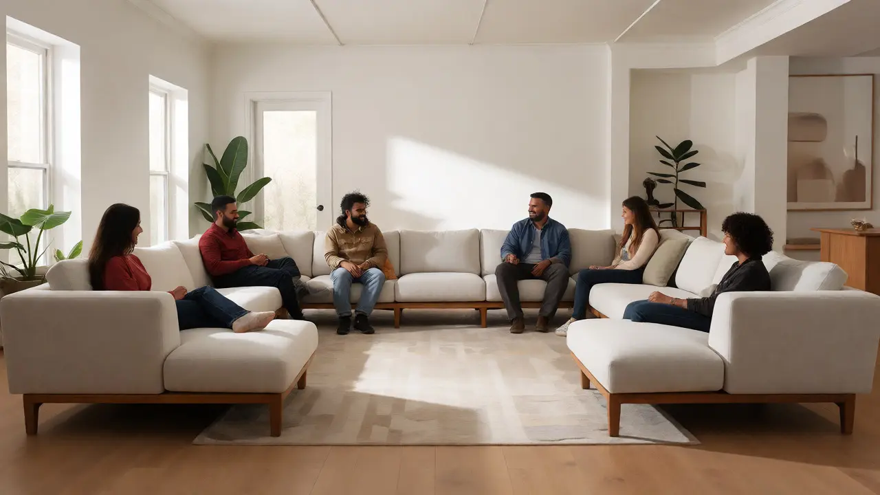 U-förmige Wohnlandschaft mit erhöhten Füßen für gesellige Runden in einem großen Raum.