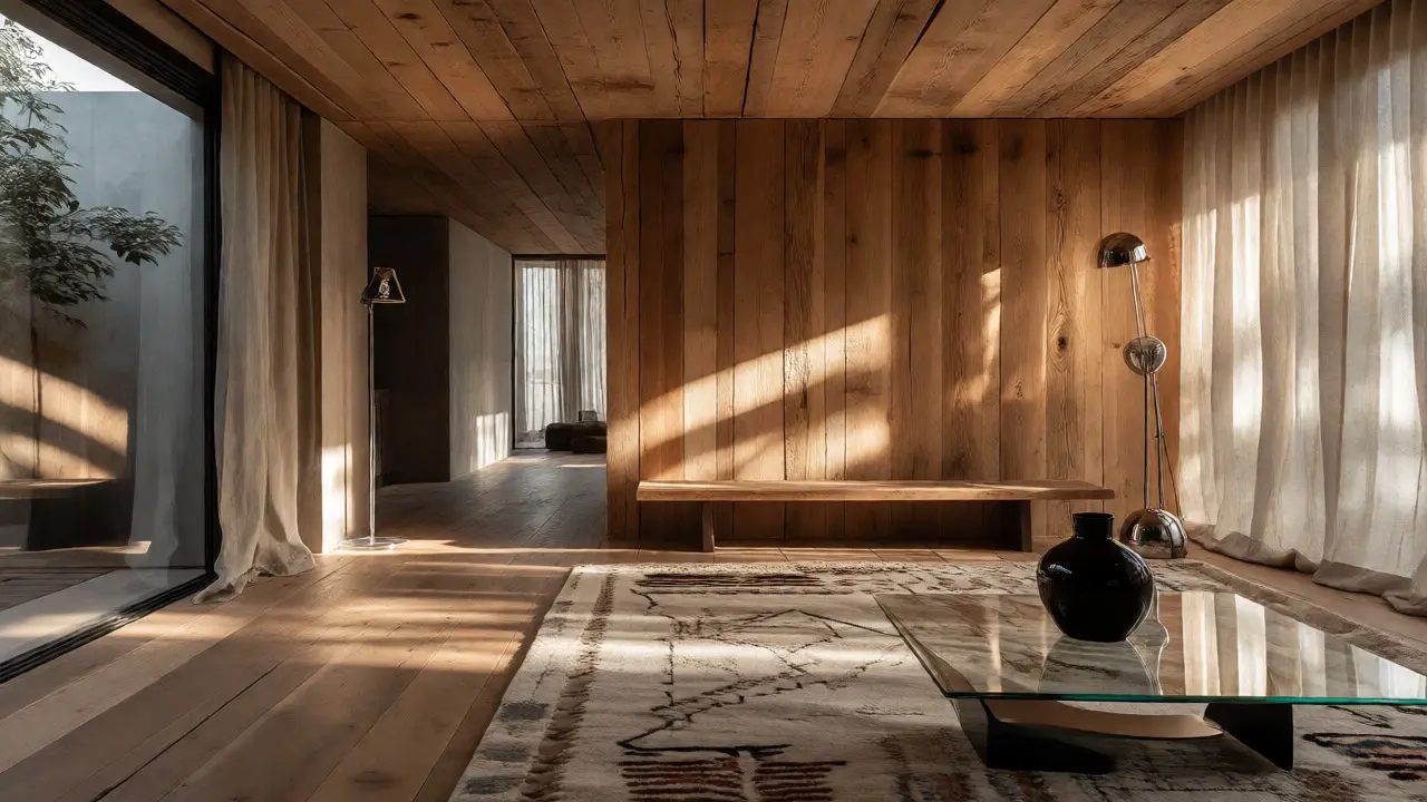 Wohnzimmer mit Holzvertäfelung, Leinen und metallischen Akzenten.
