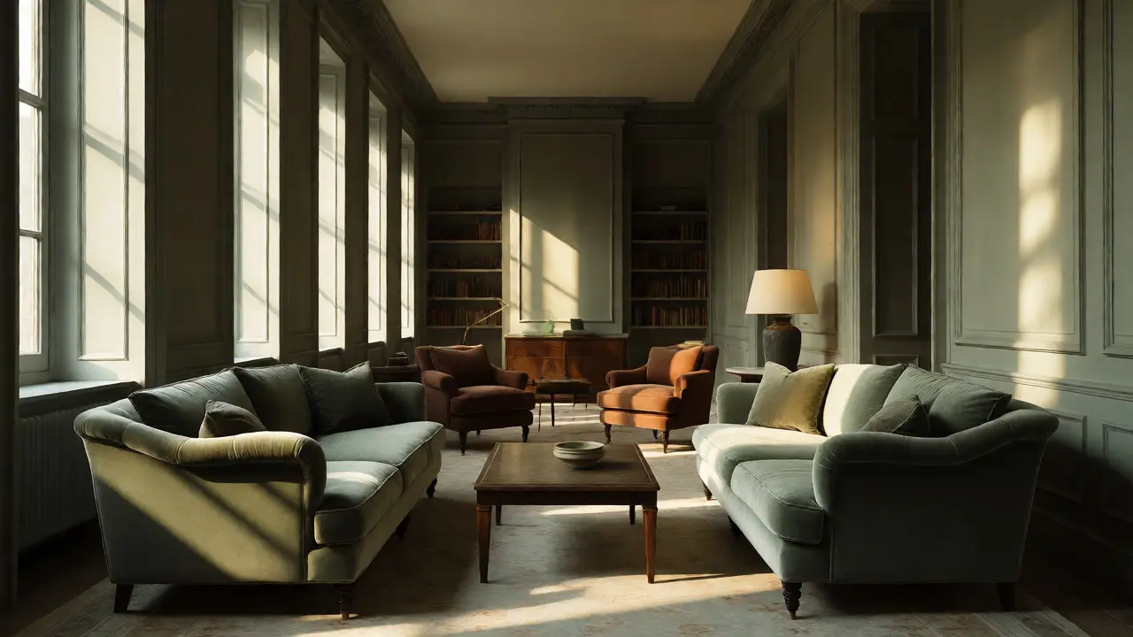 Zwei gegenüberliegende Sofas in einem langen Wohnzimmer fördern die Kommunikation.
