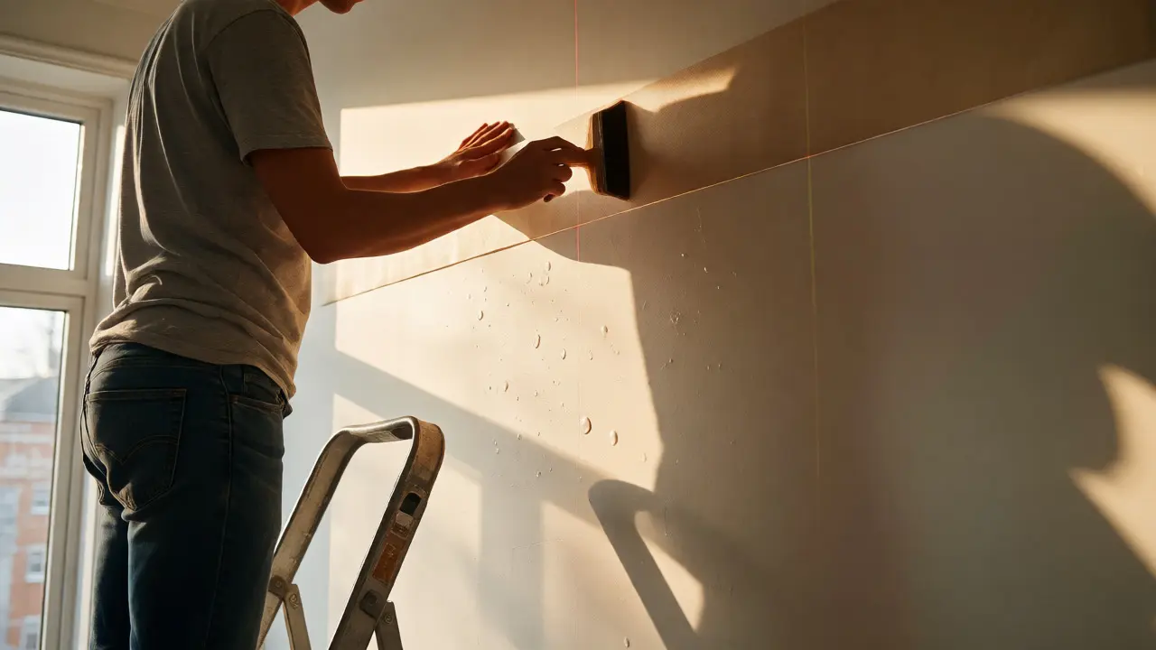 Anbringen und Glätten der ersten Tapetenbahn an einer Wand nahe dem Fenster