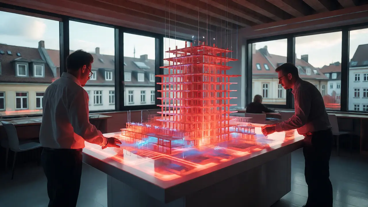 Architekten planen ein Holz-Hochhaus per BIM-Simulation im Büro.