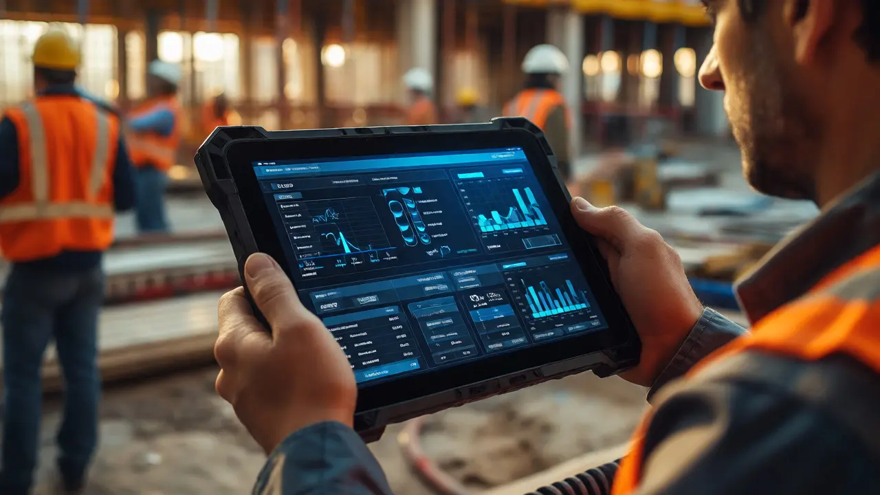 Bauleiter prüft digitale Kostendaten auf einem Tablet vor Baustellenhintergrund