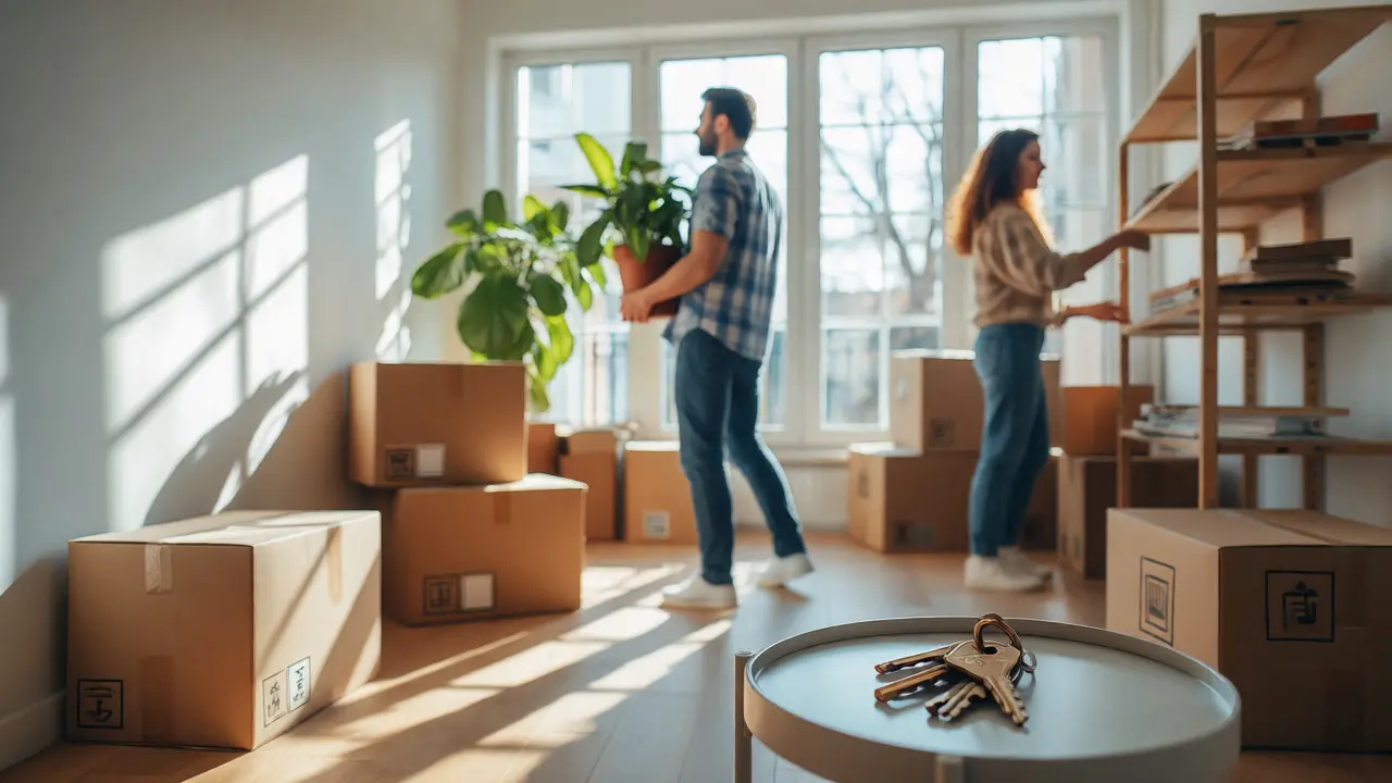 Familie richtet neue Wohnung ein, Schlüssel im Vordergrund