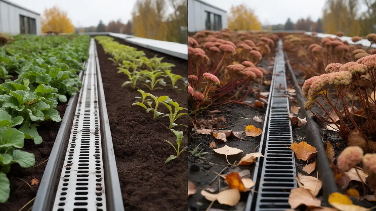 Gegenüberstellung von gepflegtem und vernachlässigtem Dachgarten im Herbst
