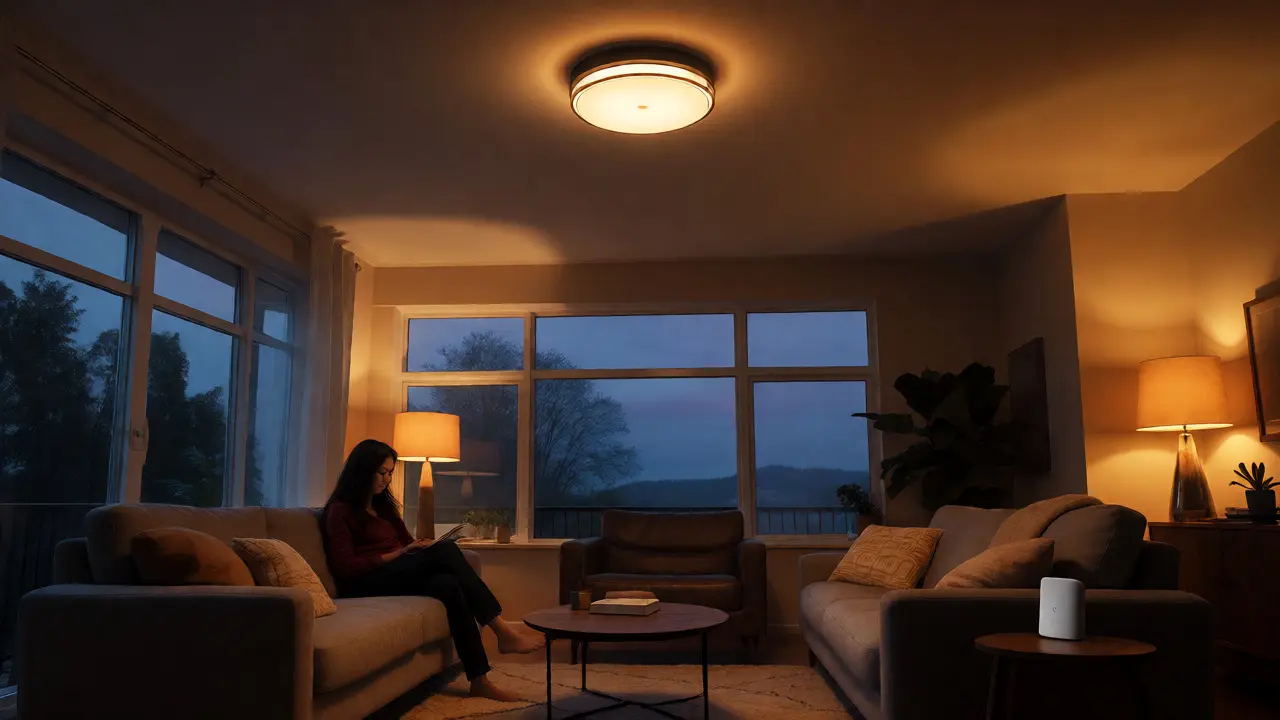 Gemütliches Wohnzimmer bei gedimmtem Abendlicht mit einer Person auf dem Sofa.