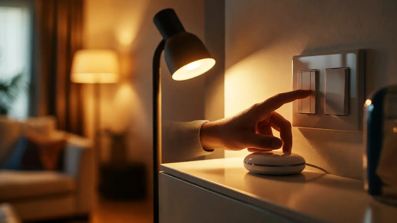 Hand regelt dimmbare LED-Stehlampe über Wandschalter im Wohnzimmer