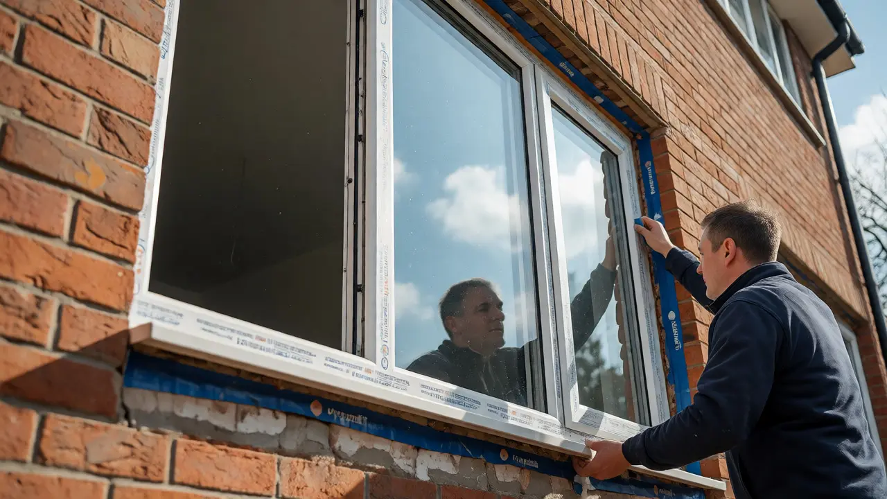 Handwerker installiert ein neues dreifach verglastes Fenster fachgerecht in die Hausfassade.