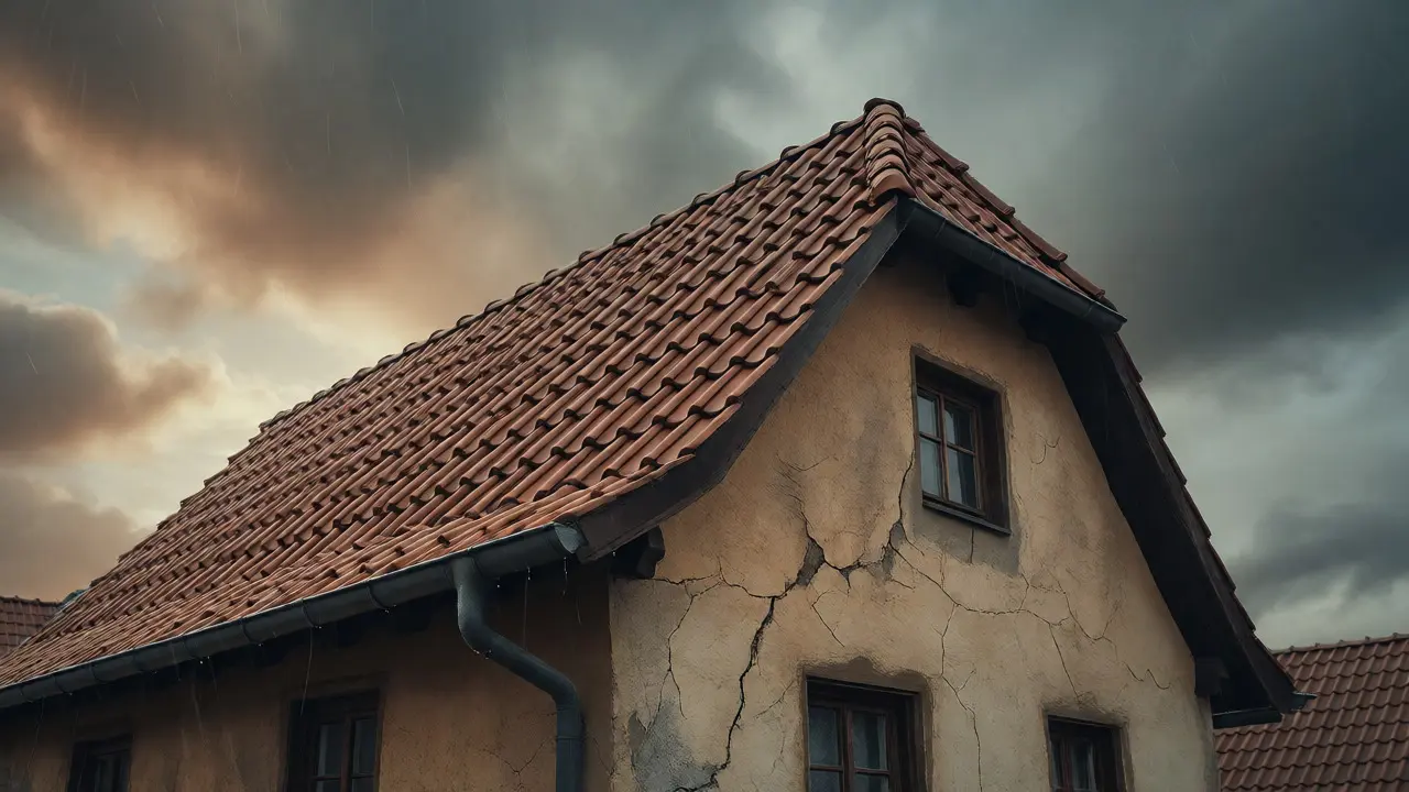 Hausfassade mit Ziegeldach unter bewölktem Himmel, die Witterungseinflüsse und mögliche Risse zeigt.