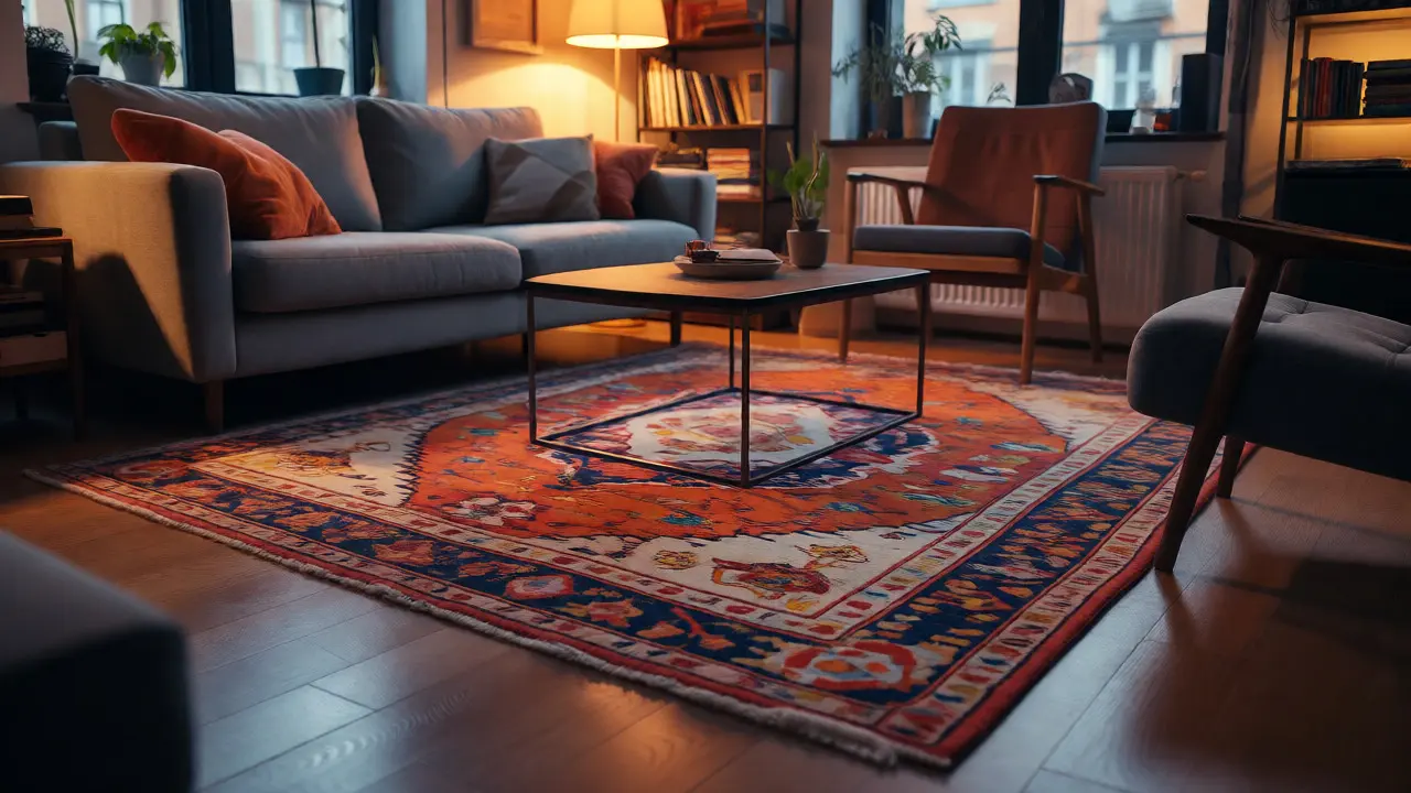 Kleiner Teppich nur unter Couchtisch in kompaktem Stadtwohnzimmer