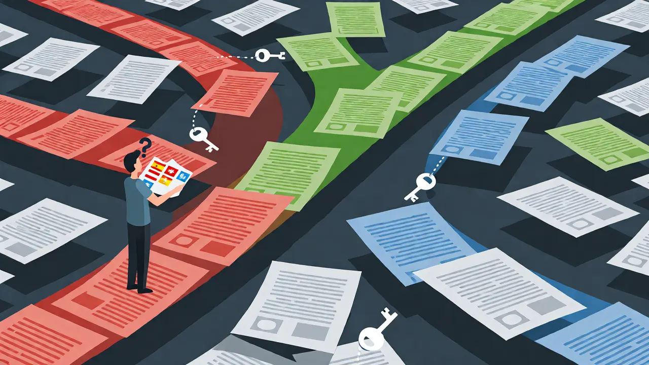 Konzeptionelle Darstellung eines Labyrinths aus internationalen Immobilienverträgen und Entscheidungen.