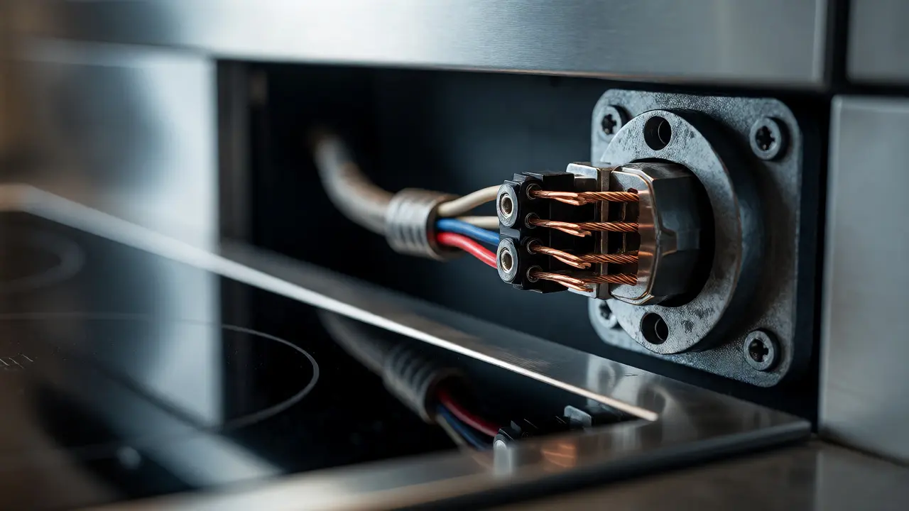 Nahaufnahme des Drehstromanschlusses eines Induktionskochfeldes mit fünfadriger Zuleitung.