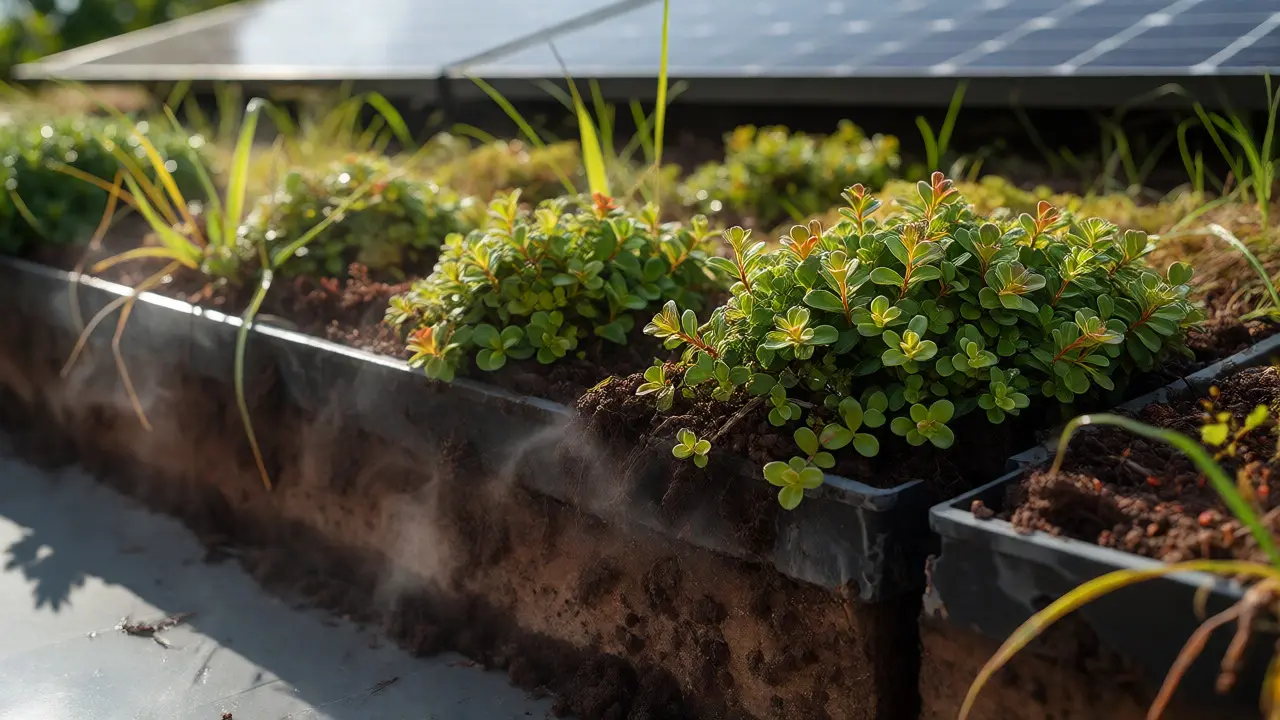 Nahaufnahme eines intensiven Gründachs mit Verdunstungskühlung und Solaranlage