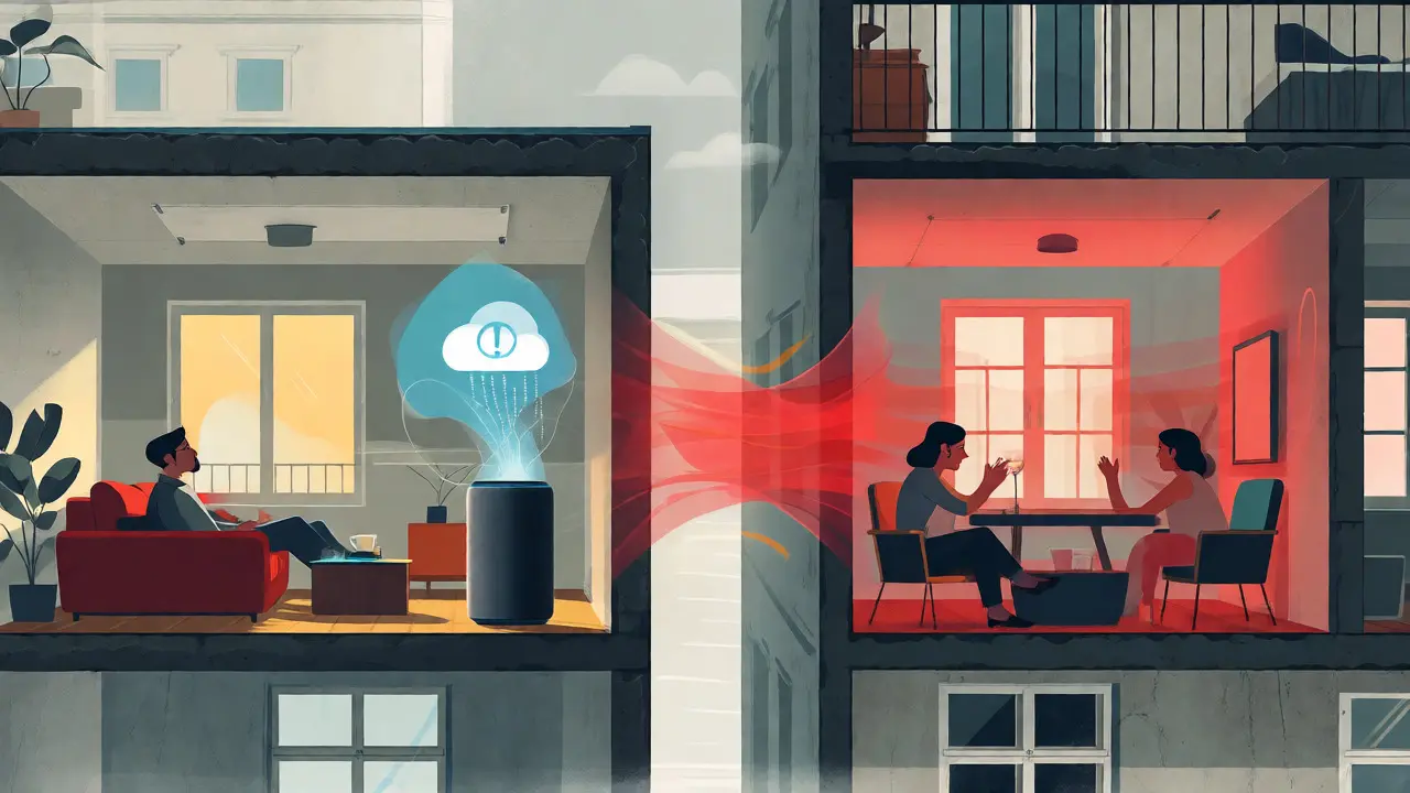 Querschnitt durch zwei Wohnungen mit Schallübertragung zum Smart Speaker