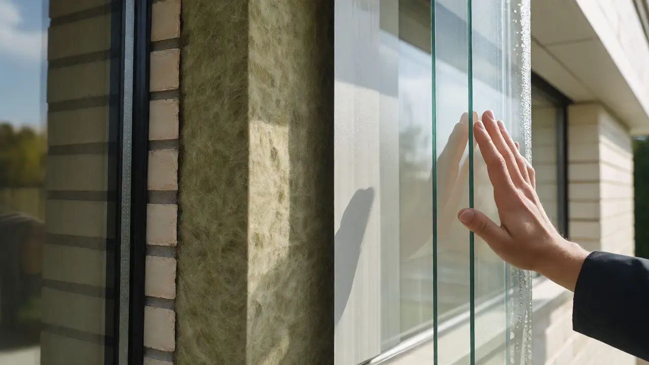 Querschnitt einer gedämmten Hauswand mit modernem Fenster, der die energetische Sanierung visualisiert.