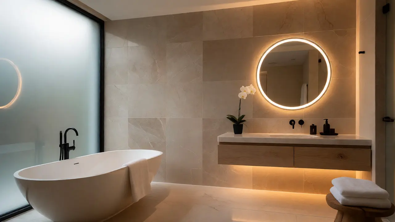 Spa-ähnliches Badezimmer mit Badewanne und indirektem Licht