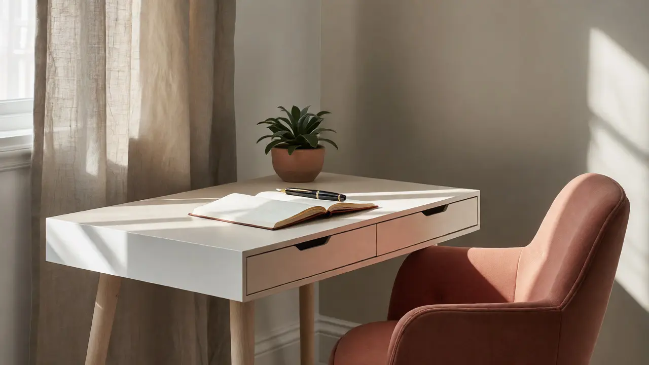 Stilvolles Home Office mit weißem Schreibtisch und Pflanzen
