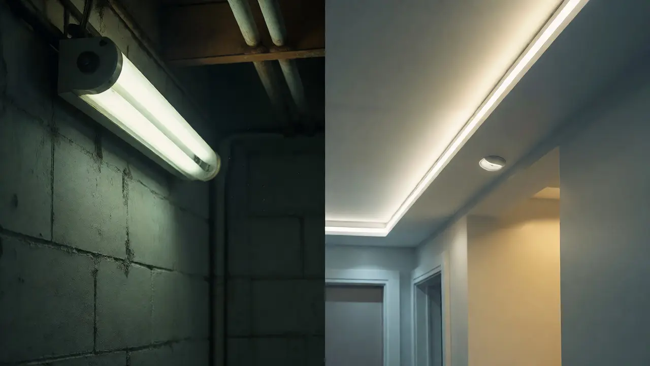 Vergleich: Flackernde Röhrenleuchte im Keller vs. moderne LED-Beleuchtung
