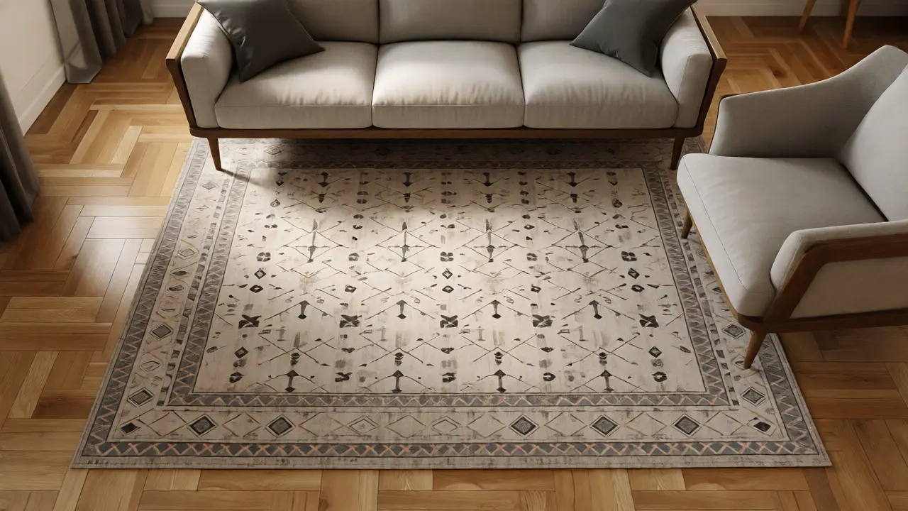 Vorderbeine des Sofas auf mittelgroßem Teppich im Altbau-Apartment