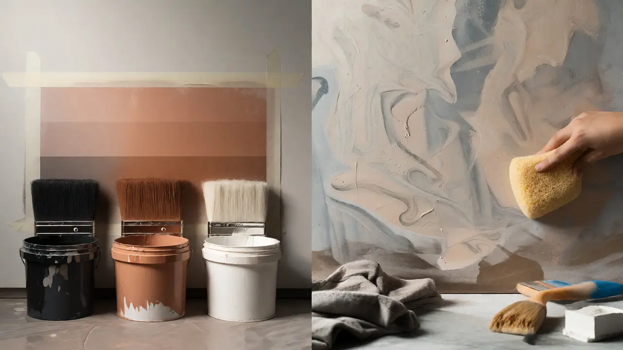 Werkzeuge und Farben für die Umsetzung von Ombre- und Marmor-Wandgestaltung